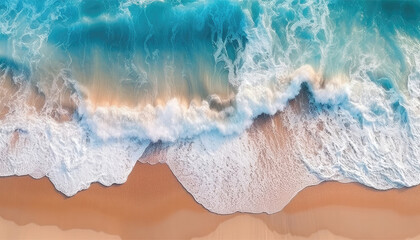 Fototapeta na wymiar Background drone view of ocean waves on the tropical beach. Seashore waves of a hot summer day in the nature