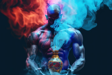 the champion stands in front of the mysterious goblet and inhales thick smoke, ai tools generated image