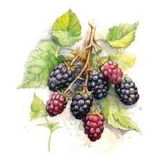 Blackberries in watercolor style with ink outline on white background (generative AI)