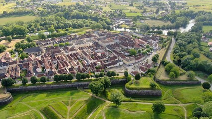 Aerial view of the city of Navarrenx with in the background the gave of Oloron in France near the...