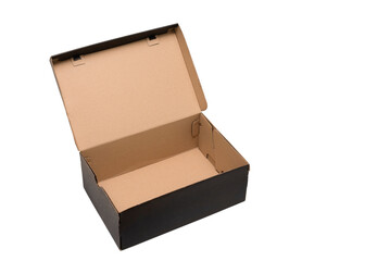 Corrugated cardboard box open and empty on white background, isolated, brown inside and black outside, blank for advertising, top view