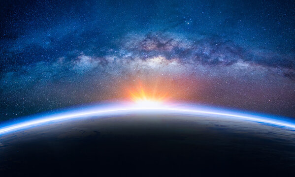 Landscape with Milky way galaxy. Sunrise and Earth view from space with Milky way galaxy. (Elements of this image furnished by NASA)