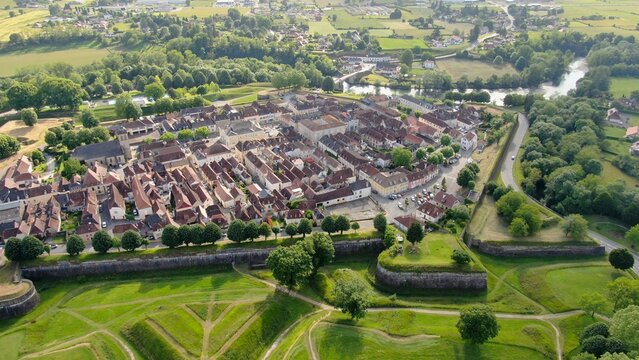 Aerial view of the city of Navarrenx with in the background the gave of Oloron in France near the Pyrenees
