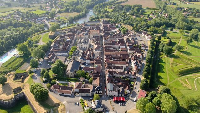 Fortified town of Navarrenx in France front view with the main street in the middle