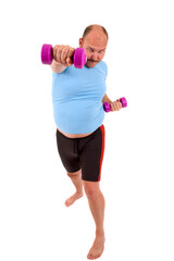 Man doing weight training on white background