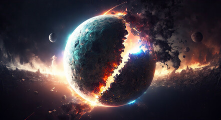 Obraz premium Planet Destroyed in the space surrounding with stars, flares, asteroids, cosmic background, Apocalypse explosion star, death planet scene, with Generative Ai.