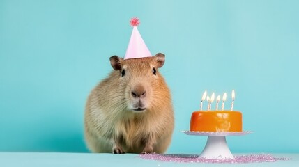 Cute fluffy capybara in birthday cap with birthday cake Illustration AI Generative.