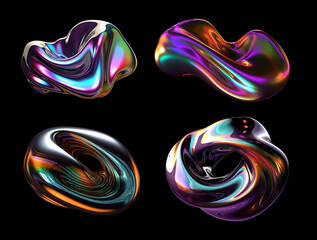 Bold holographic liquid metal shapes set isolated. Iridescent wavy melted substance. Ai generated - obrazy, fototapety, plakaty