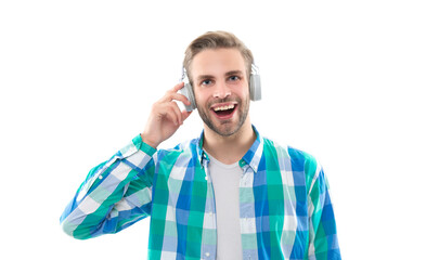 cheerful millennial man listening music on background. photo of millennial man music lover.