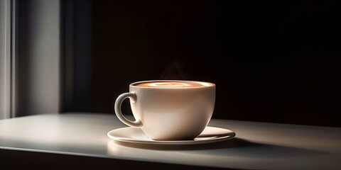 Obraz premium Cup of coffee on dark background with copy space. AI generated