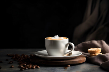 Cup of coffee and coffee beans on dark background with copy space. AI generated