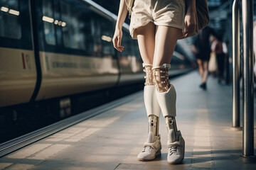 Close up view on a A woman or girl on prosthetic legs at a subway or train station in city or town. Generative AI