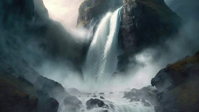 Magnificent waterfall cascading down a rocky cliff and sending a cloud of mist into the air. Generative AI