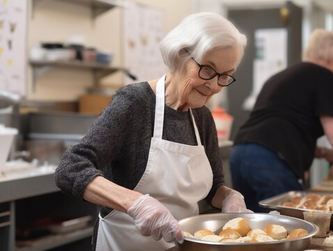 senior's pantry volunteer gives snacks that are put in bags, ai generated