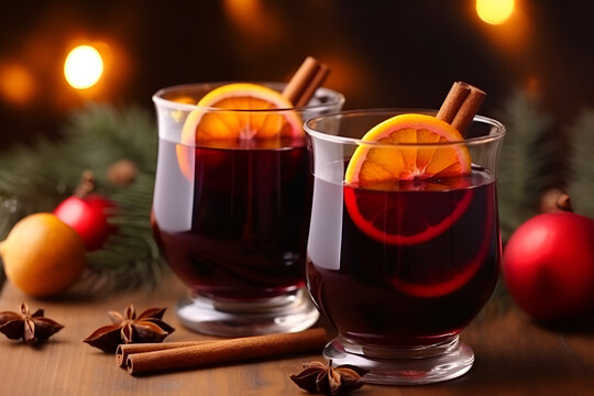 Two Glasses of Mulled Red Wine With Spices and Christmas Decorations on the Background: AI Generated Image