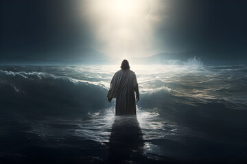 Jesus with  walking over water receiving blessings from god