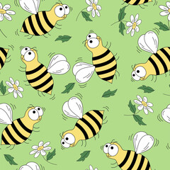 Pattern Seamless. Bees cartoon .  Drawing, sketch.  Doodle insect set. Bees fly with honey. Vector illustration, background isolated.