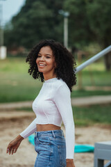 beautiful woman with dark and curly skin