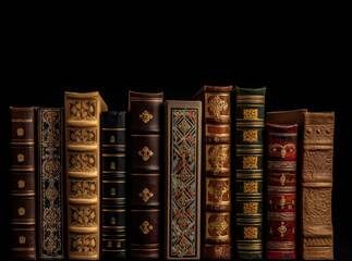 Naklejka premium Number of old ancient books, library of knowledge textbooks. Black background isolate. AI generated.