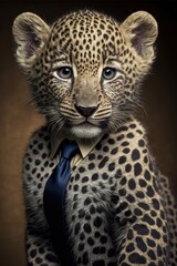 Portrait of baby leopard in a business suit. Generative AI