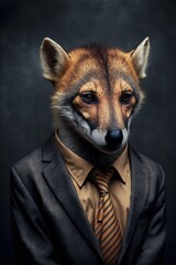 Portrait of baby tasmanian tiger in a business suit. Generative AI