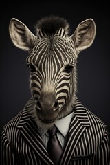 Fototapeta na wymiar Portrait of baby zebra in a business suit. Generative AI
