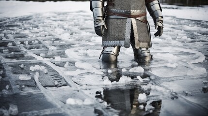 knight, ice, skating, armor, sword, medieval, frozen, competition, tournament, chivalry, jousting, lance, shield, bravery, warrior, cold, icy, frozen lake, skating rink, helmet, generative ai