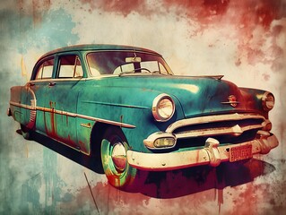 Retro-style art of a classic car with bold colors
