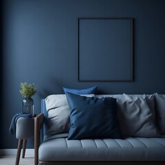 Navy Blue Frame Living Room Mockup with Sofa, Coffee Table, and Potted Plant