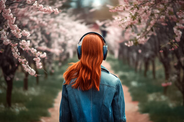 Red Hear Girl in a busy spring town or city street listens to music in wireless headphones. Girl no face visible on the background of spring flowering park. Generative AI