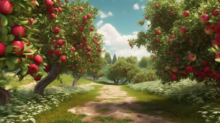Fototapeta na wymiar Summer apple garden. Illustration AI Generative.