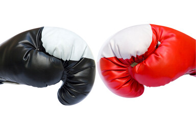 Red and black two boxing gloves competition sparring isolated over white