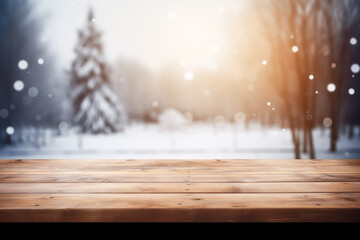 Empty wooden table top, product display, showcase stage on winter forest background. Generative AI.