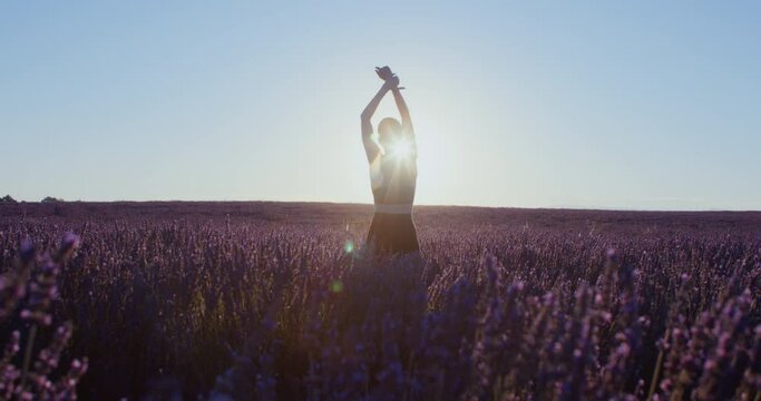 In lavender fields at sunrise, woman does yoga sun salutation asanas in sports wear, inspiring meditational practice. Stretching and exercise routine is perfect for inspiration. Dreamy scenic view. 