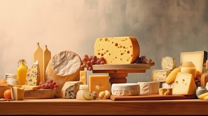Fototapeta na wymiar Different kinds of delicious cheese Illustration AI Generative.