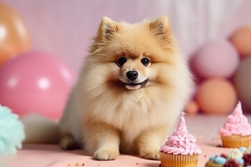 Fototapeta na wymiar Cute Birthday dog with cake. Illustration AI Generative