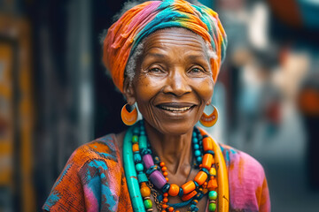 Fototapeta premium Smiling elderly black woman in orange headscarf and beads. Generative AI illustration