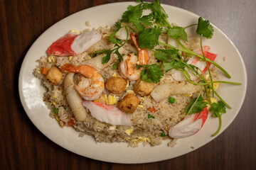 Vietnamese rice stir fry with seafood and chicken