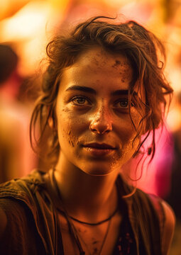 retrato de mujer cauc&aacute;sica sudando en festival de verano conel pelo despeinado y luz al atardecer.