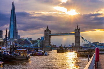 Fototapeta na wymiar Aerial view to the Tower Bridge and skyline of London, UK