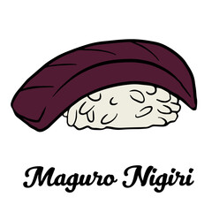 Maguro nigiri sushi with Tuna fish meat and rice wrapped in nori seaweed. Japanese outline vector hand drawn sushi rolls illustration isolated on white for sushi menu, restaurant, site.