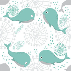 Vector seamless pattern with whales and fantasy patterns in flat style. Childish nautical seamless pattern