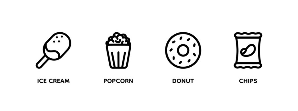 Fast Food Set icon. line. Ice cream, donut, popcorn, chips.