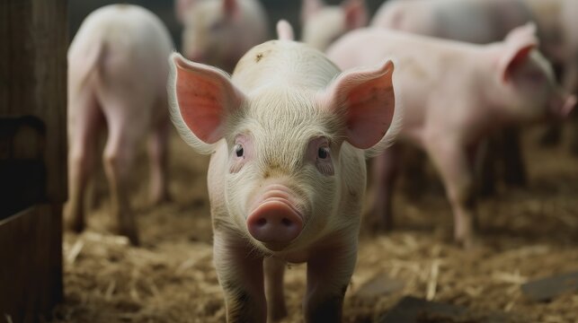 Piglet with pink ears on pig farm for raising pigs