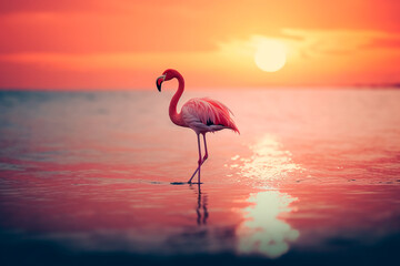 Pink flamingo stands in the sea against the backdrop of the setting sun. Generative AI © Мария