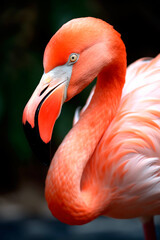 Pink flamingo close-up on a dark background. Generative AI
