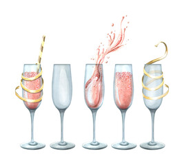Glasses with pink champagne, empty with a ribbon and a cocktail tube. Watercolor illustration. Isolated objects from a large set of HAPPY BIRTHDAY. For decoration and design, composition