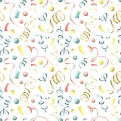 Multicolored ribbons and confetti on a white background. Watercolor illustration. festive, congratulatory, seamless pattern from the collection of HAPPY BIRTHDAY. For wrapping paper, fabric, textile