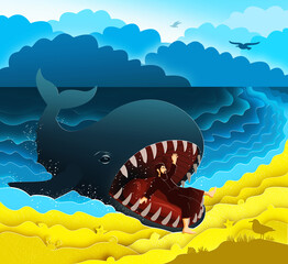 Jonah and the whale. Paper art. Abstract, illustration, minimalism. Digital Art. Bible story. - 603459878