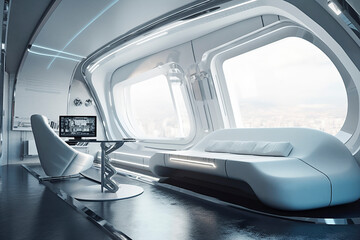 Plakat room white sofa and big windows. Modern interior design. relax and futuristic concept. Generative AI